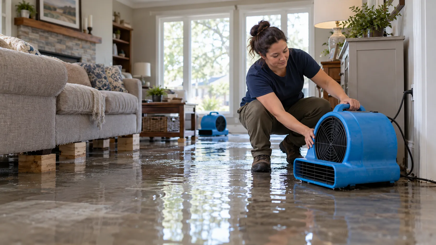 Water damage restoration technician drying a flooded living room in Birmingham